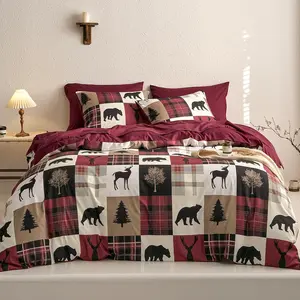 - Rustic Comforter Set with Sheets, Cabin Christmas Bear Moose Deer Wildlife Patchwork, 7 Pieces Bed in a Bag, Burgundy Black, King Size