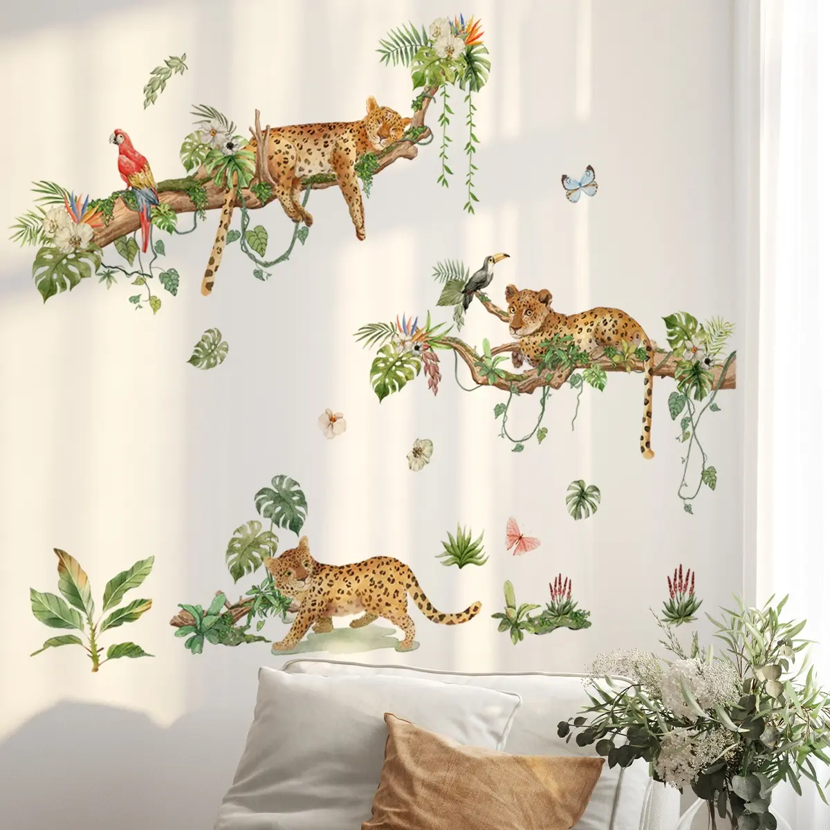 One Set (30*90cm*4pcs) Watercolor Jungle Leopard Wall Stickers, Nature Wild Themed Self-Adhesive Wall Decor Decals for Kids' Room