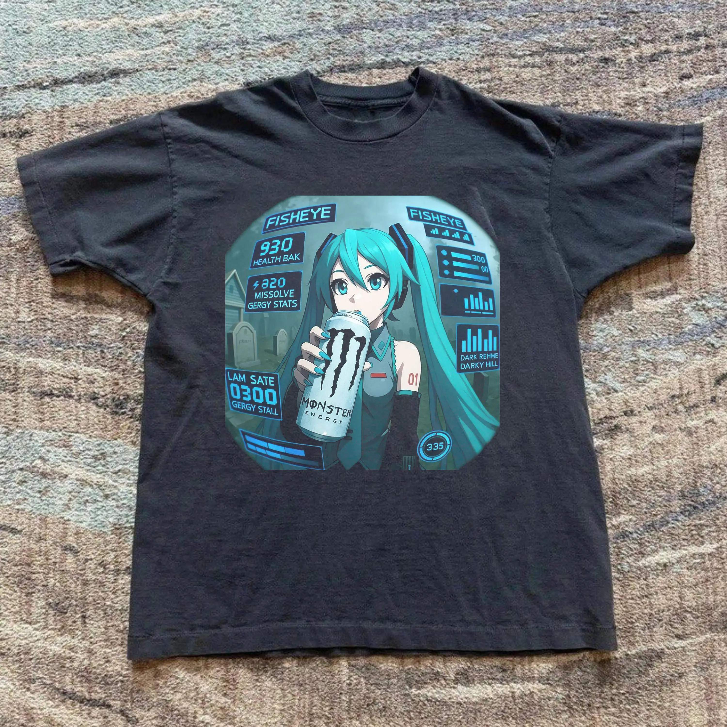 Cybercore Miku HUD Graphic Tee - Monster White "Fisheye" Edition Tee, Anime Tshirt, Unisex Vintage Graphic Tees Gothic Grunge Y2K Emo Scene Amity Affliction Style Clothes Men Women Streetwear