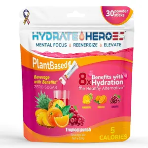 Hydrate Heroes Tropical Punch Stick Packs - 30 Individual Hydration Powder Sticks, Plant-Based, Zero Sugar, 5 Calories, US Made