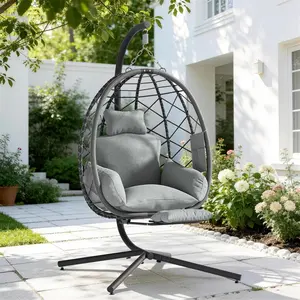 Slendor Hanging Egg Chair with Stand & Cushion, Adjustable Footrest Wicker Swing Chair, 330lbs Capacity for Indoor Outdoor Patio Bedroom Garden - Grey