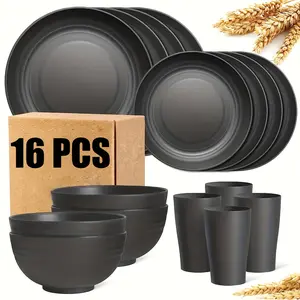 Wheat Straw Dishware Tableware Set 16pcs, Unbreakable Plates Bowls & Cups, Reusable Dish Set for 4 ppl, Lightweight Modern Tableware for Camping & Daily