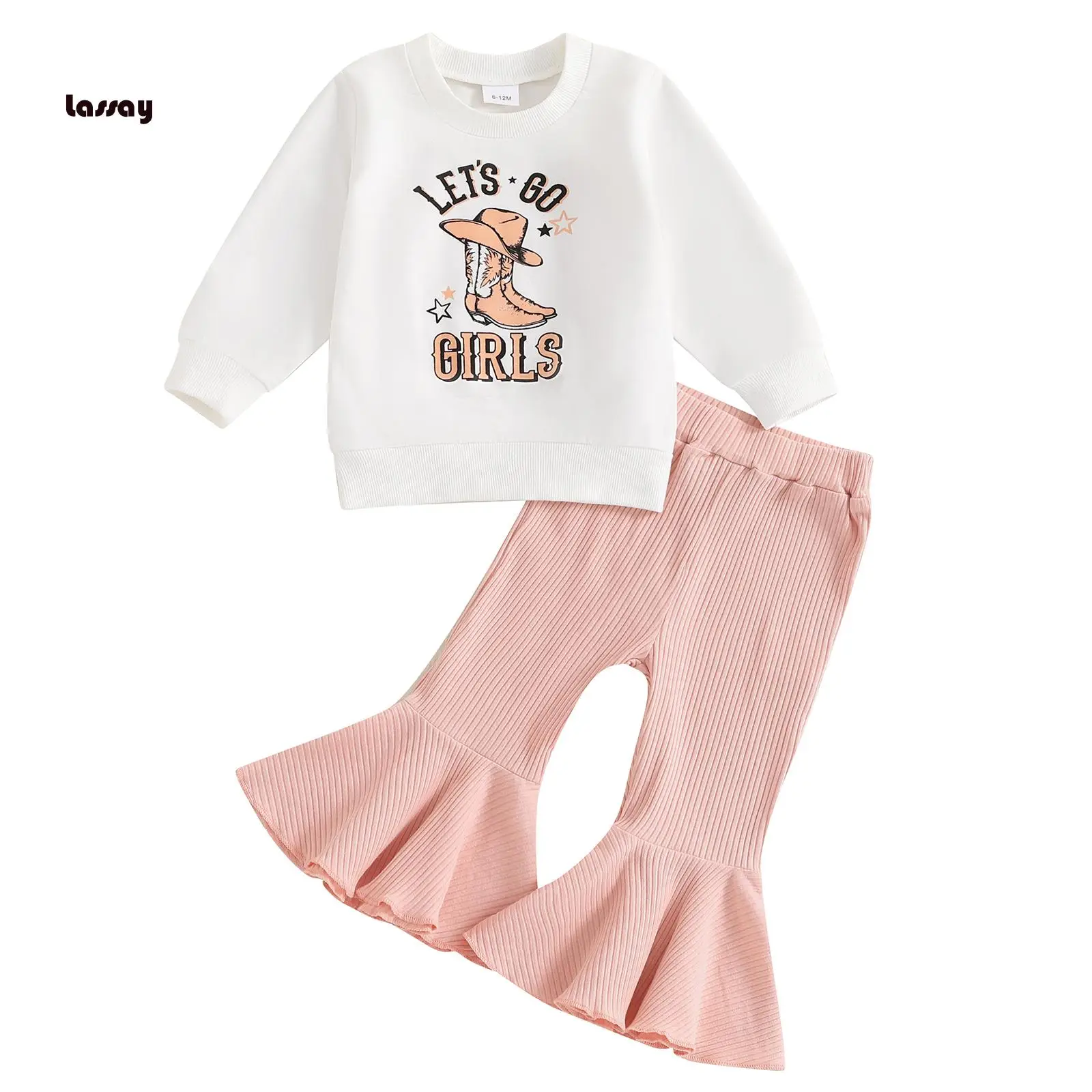 baby Girls Pants Set, Long Sleeve Letters Print Sweatshirt with Flare Pants Clothing Set