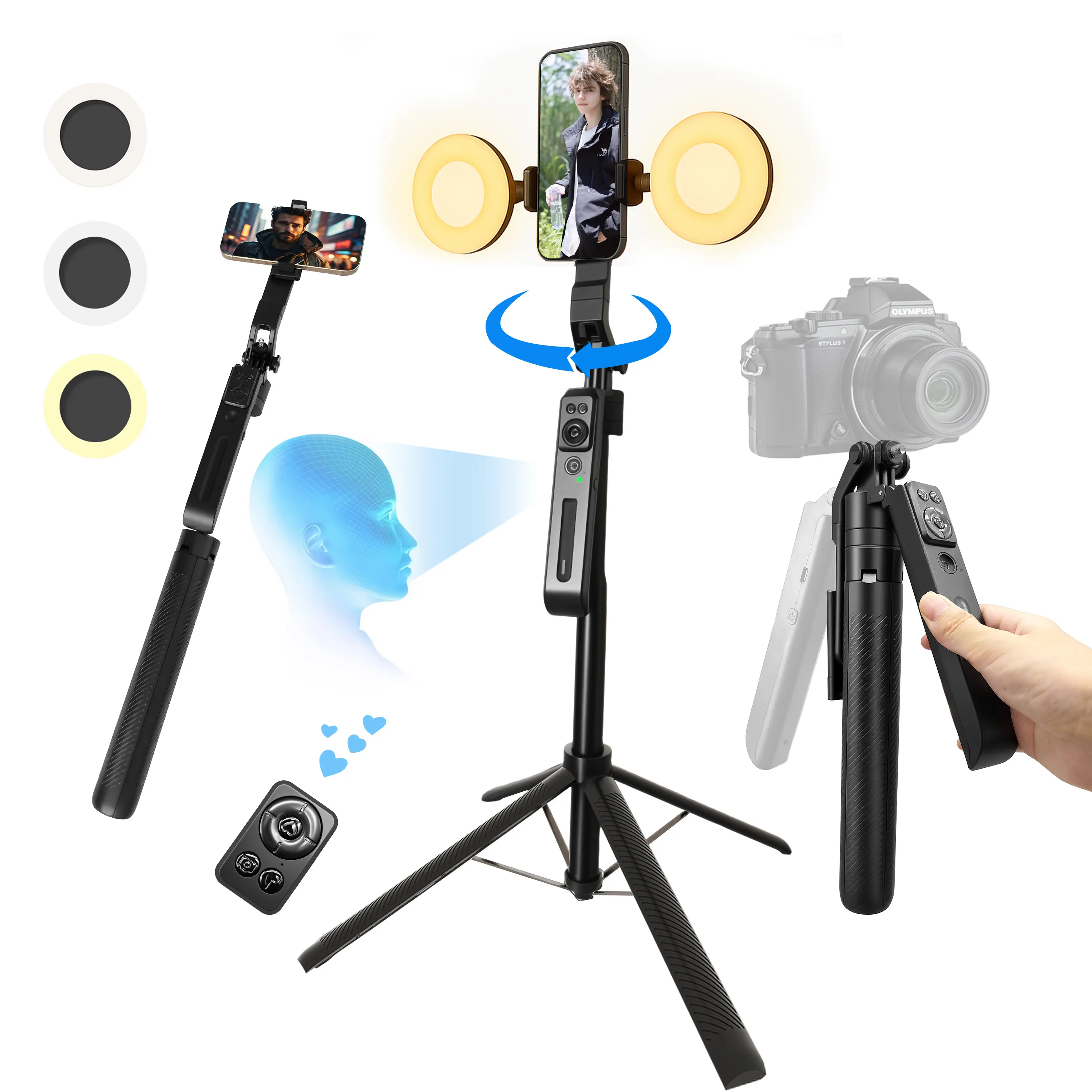 360-degree rotating selfie stick tripod with automatic face tracking, fill light and remote control, 70.9 inches, suitable for Apple and Android phones, ideal for TikTok/Vlog/live broadcast/video recording