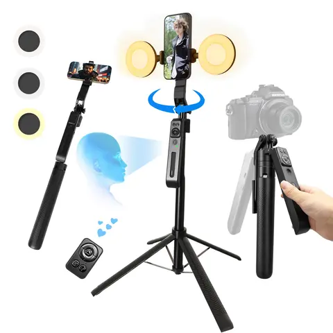 70.9in Aluminium Alloy Telescoping Selfie Stick Tripod, Detachable 360-Degree Rotating Mount, Wireless Remote with Face Tracking, Fill Light, Silicone Clip, Button Control for iPhone iOS Android TikTok/Vlog Devices