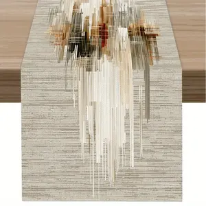 1pc, Beige and Golden Wavy Geometric Table Runner, Modern Central-Axis All-Season Table Runner, European Abstract Style, Printed Polyester Tablecloth Runner, Long Print with Clear Linear Structures, Home Decor, Suitable for Holiday Arrangements