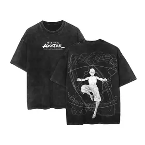 Avatar The Last Airbender Aang Double Printed Tee - Vintage Acid Washed Oversize Lightweight Cotton Retro Limited Unisex Anime Graphic Top Gift For Fans