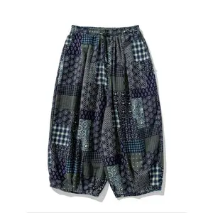 [Large Size Wind Patterned Pants] Ethnic wind patterned wide-legged pants loose large size Harajuku style casual pants men women beach seven-minute pants