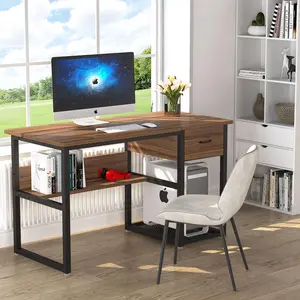 TRIBEWOOD Drafting Table with Storage Drawers, Drawing Computer Desk Artist Craft Table Painting Desk Workstation with Shelves and Tiltable Tabletop for Students, Home Office