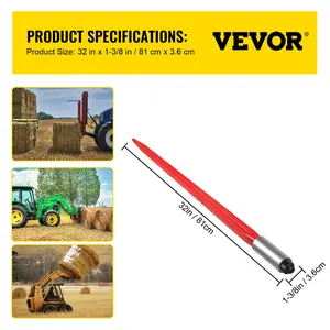 【Summervibes】VEVOR Hay Spear 32" Bale Spear 1350 lbs Capacity, Bale Spike Quick Attach Square Hay Bale Spears 1.4" Wide, Red Coated Bale Forks, Bale Hay Spike with Hex Nut & Sleeve for Buckets Tractors Loaders