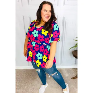 Sunny Days Navy Flat Floral Bubble Sleeve Babydoll Top