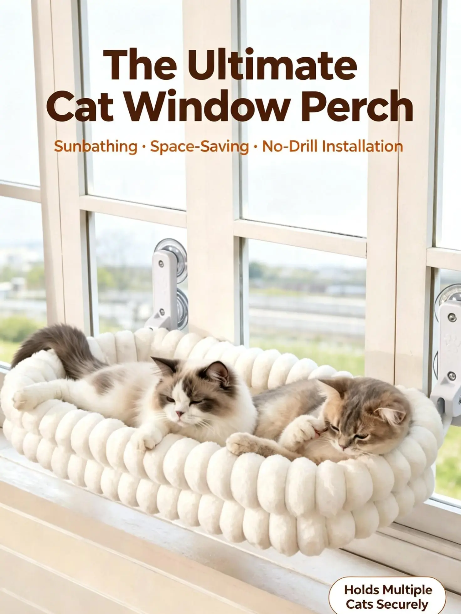 Window Cat Hammock Perch – Suction Cup Mounted Plush Cat Bed for Sunbathing, Space-Saving No-Drill Kitty Window Seat, Holds Up to 40 lbs