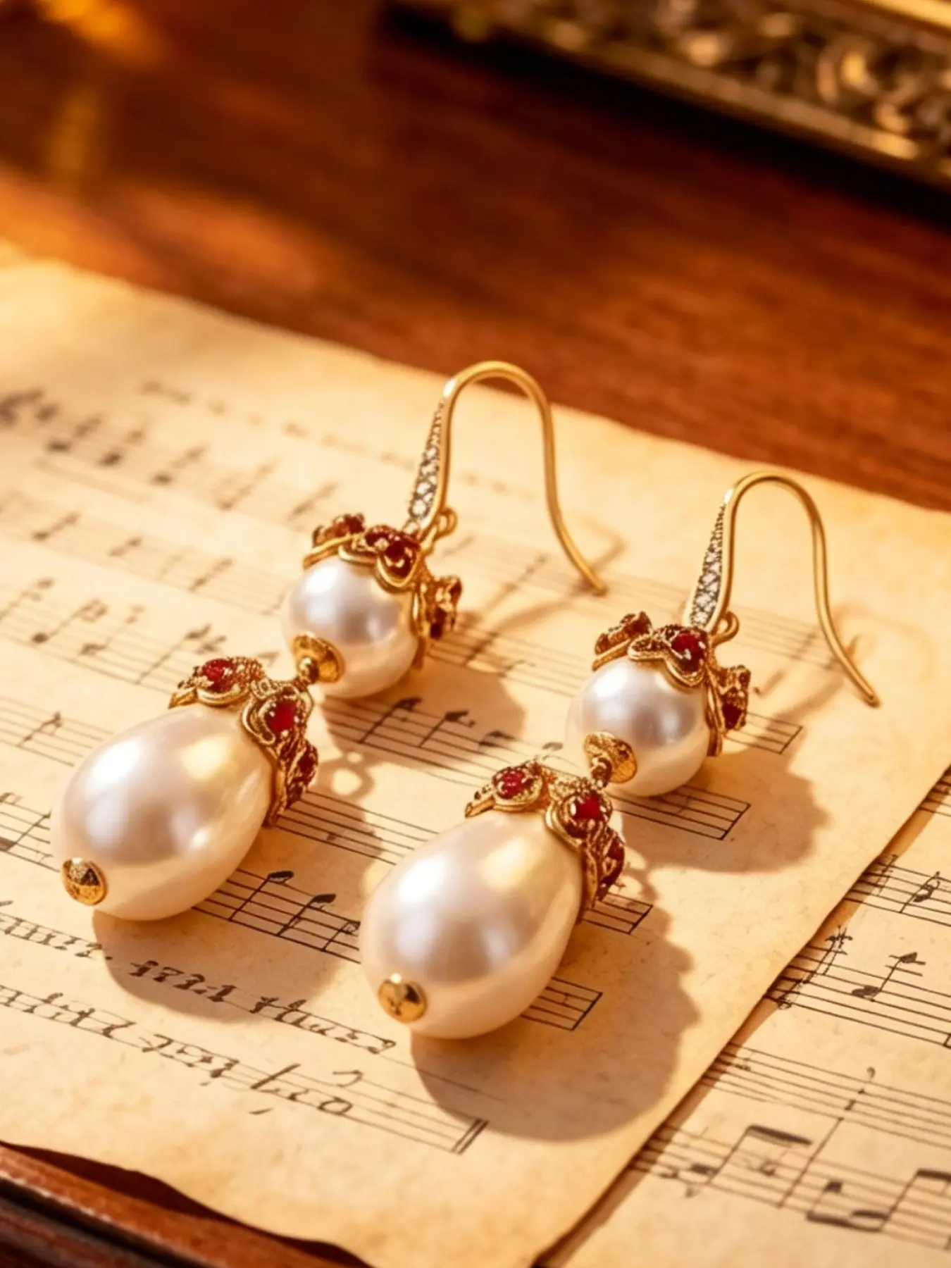 A pair of retro palace style double-layer irregular pearl earrings, paired with red zircon flower decorations and dangling pearls, exudes elegance and luxury, suitable for retro dressing, dinners, and important date scenes.