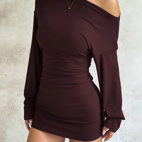 Elegant Casual Off-Shoulder Long Sleeve Knit Dress Fabric, Women's Fashionable Cold Shoulder Gown, Stylish Evening Wear, Perfect for Parties & Events, Garment