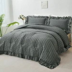 Dark Grey Ruffled Comforter Set  5 count Bed in A Bag Boho Shabby Chic Bedding Sets for Women Adults Warm Solid Color Seersucker Bed Set with Sheets(Dark Grey, )