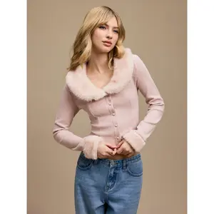 Cider Faux Fur Collar Long Sleeve Rib Curved Hem Button Top