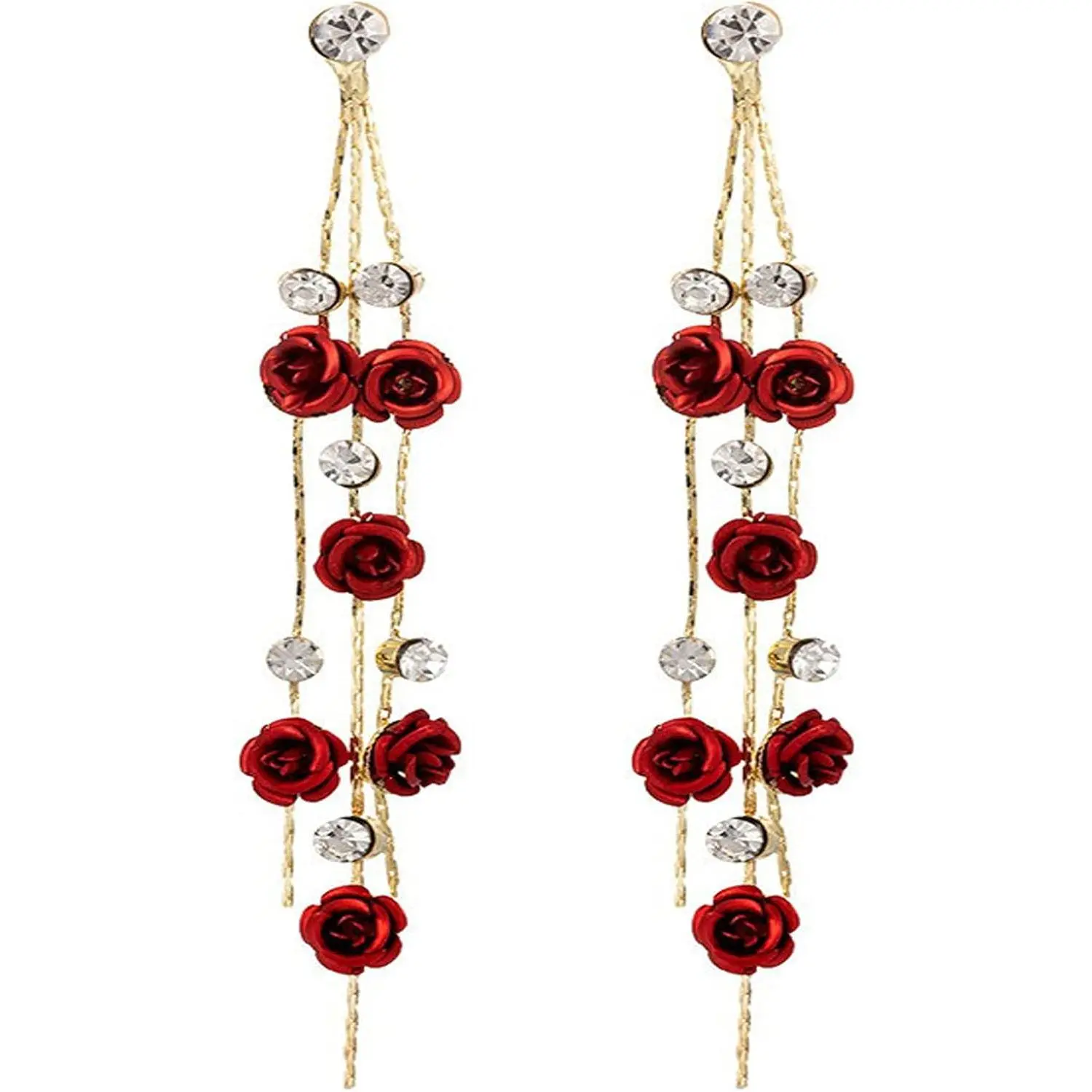 Red Purple Rose Dangle Earrings Set, Handmade Long Tassel with Crystal, Elegant Statement Jewelry for Women Teens