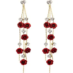 Handmade Elegant Red Purple Rose Flower Long Tassel Dangle Drop Stud Earrings with White Sparkly Crystal Statement Chic Jewelry for Women Teens