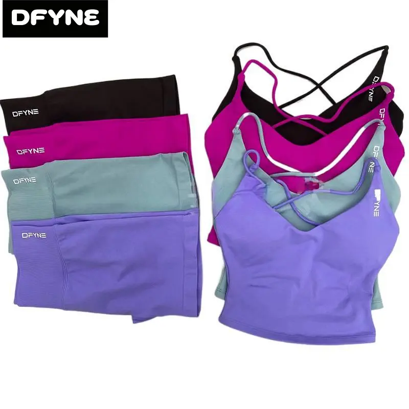 Dfyne Women's Premium 2-Piece Seamless Gym Workout Clothes Set - Criss-Cross Sports Bra, High Waisted Scrunch Booty Shorts with Compression Support, Athleisure Activewear, Fitness Sportswear, Seamless Gym Wear, Matching Workout Set