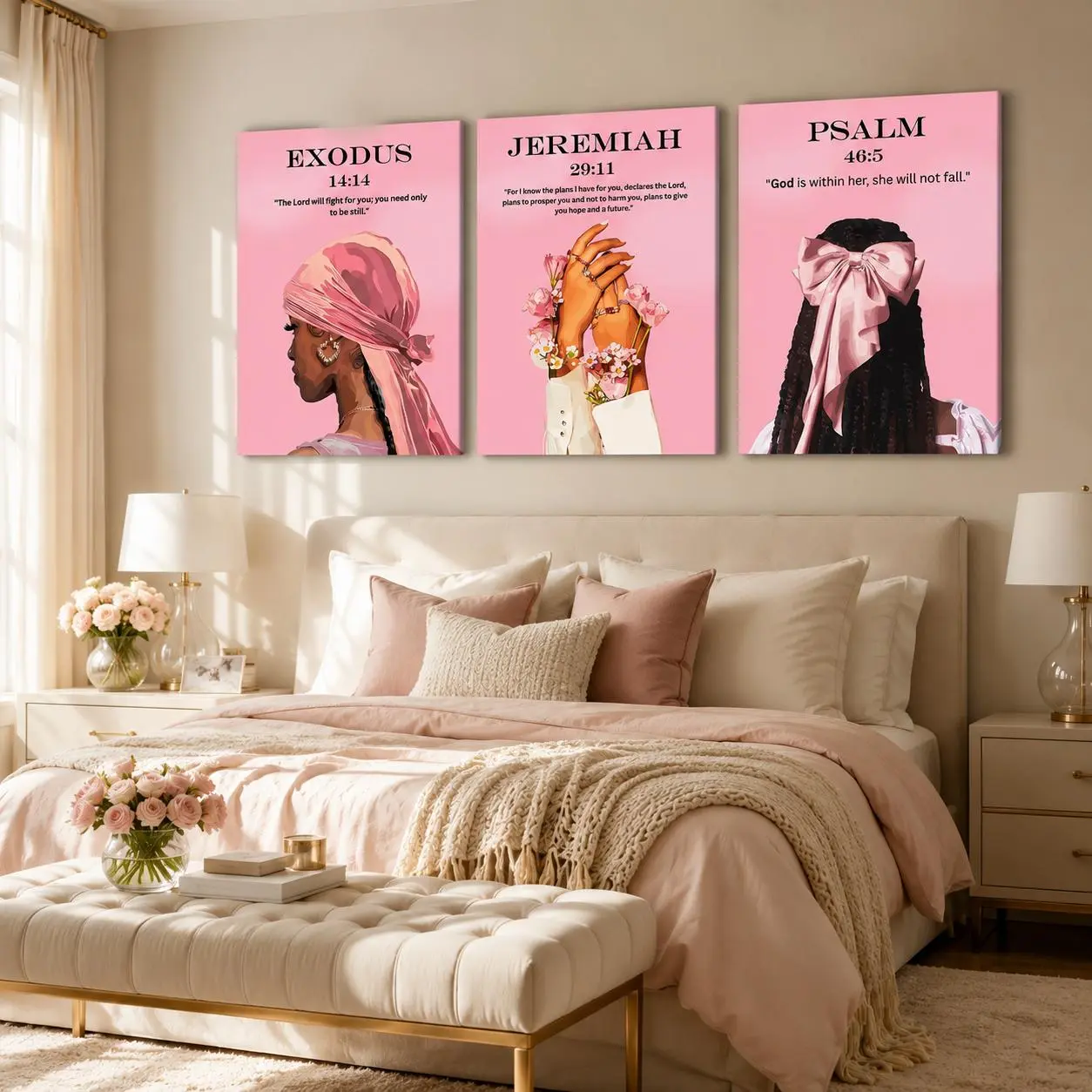 3 Counts Wooden Framed Canvas Painting, Pink Faith Inspirational Art Prints, Picture Prints, Religious Prints, Living Room Decoration, Modern Art, Wall Art Decoration, Waterproof Art, Home Wall Decor, Decoration Items
