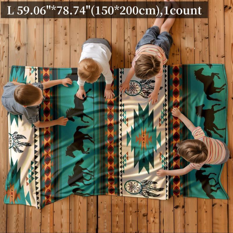 Horse & Geometric Pattern Flannel Blanket, 1 Count Soft Comfortable Throw Blanket, Warm Napping Blanket for Home Office Travel Camping