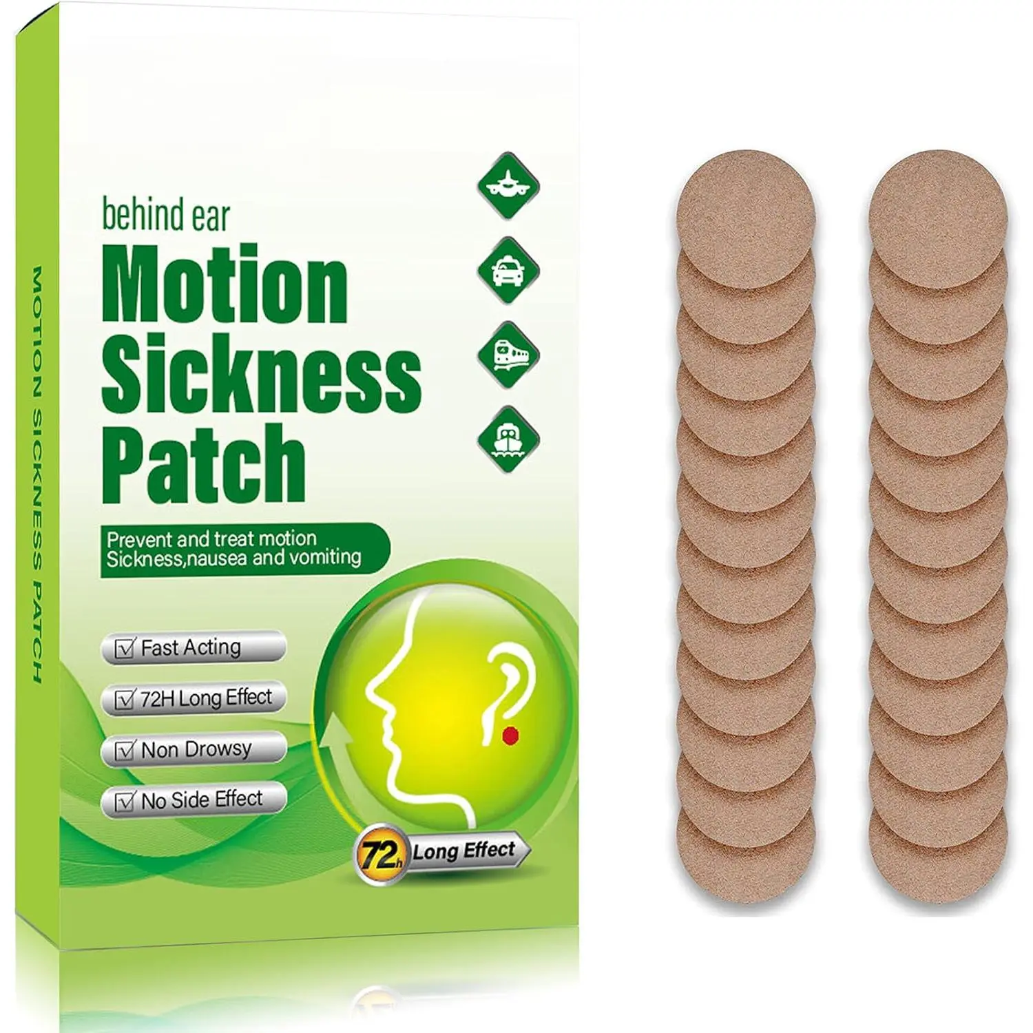 Motion Sickness Patches (24 Count-Pack of 1) - Compact Motorhome Accessory, Cruise Seasickness Relief, Natural Material, 72-Hour Long-Lasting Effect, Relieves Nausea for Adults (Car, Boat Use)