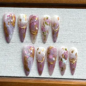 Terra Nails – Mauve Dream elegant bejeweled purple flower handmade press on, rose gold chrome, marble nail art, pearl floral – TN164