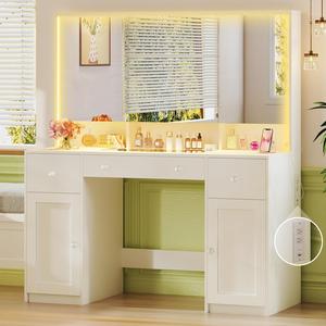 [ChristmasGifts] Vanity Desk with Mirror and Lights, 45.3'' Large Makeup Vanity with Glass Top & Power Outlet, White Vanity Table with 3 Drawers & 2 Cabinets & Hidden Storage Shelves, 3 LED Lighting Modes