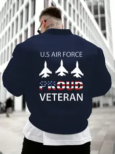 Fall Winter U.S. Air Force Proud Veteran Jacket, Men’s Patriotic Military Streetwear. Warm, windproof, and stylish, this casual urban outerwear features jet prints and American flag details. Perfect for proud veterans or military-style fashion fans this w