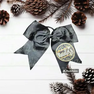 8" Gold and Black Raiders Mascot Grosgain Black Hair Bow with Ponytail Holder