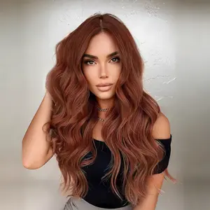 Summervibes Long Auburn Wavy Wig for Women 26 Inch Middle Part Curly Wavy Wig Natural Looking Synthetic Heat Resistant Fiber for Daily Party Use