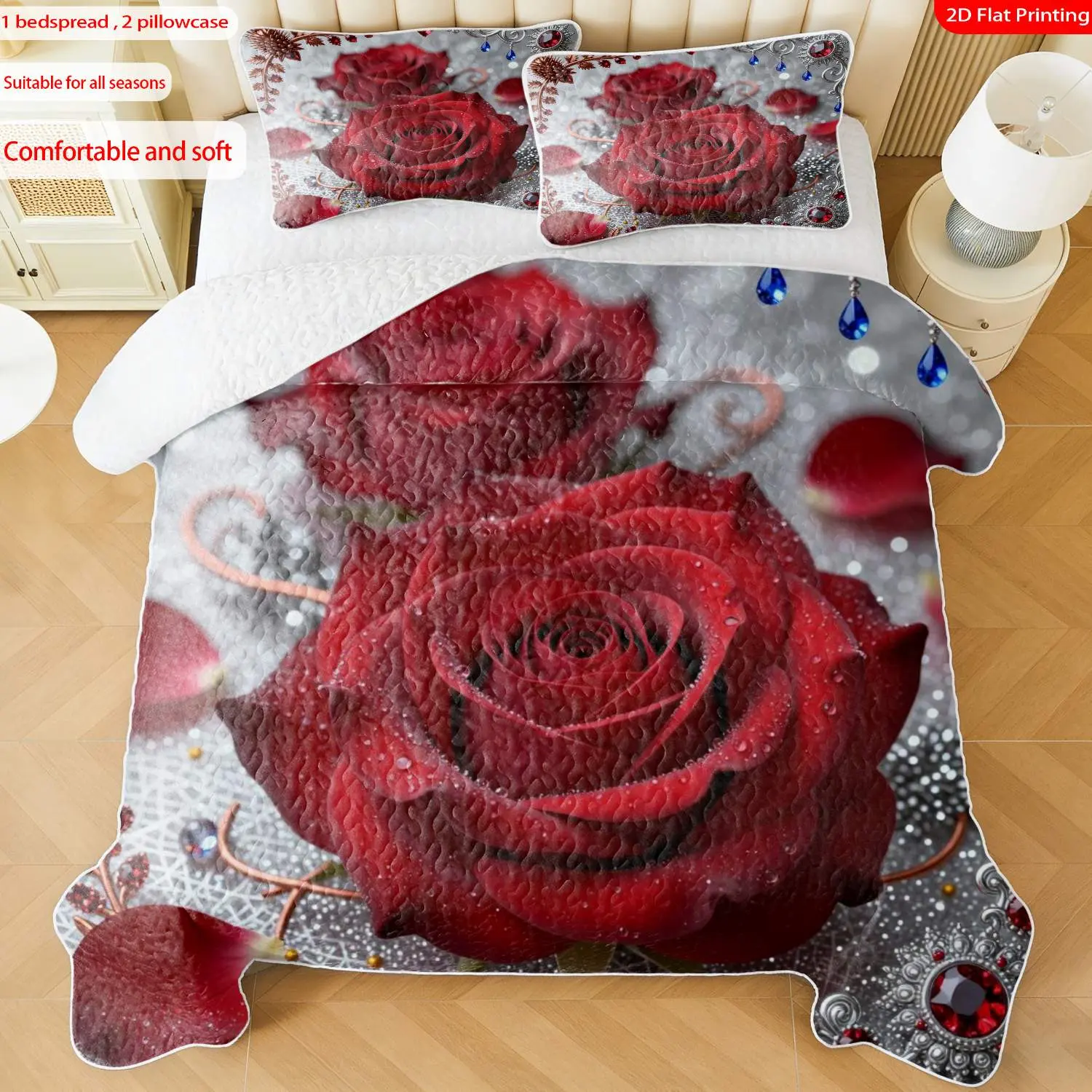 3pcs, 2D flat print Luxury Red Rose Rhinestone Embellished Quilted Bedspread Set, multiple sizes available, bedding set, festive decorative bedding, ideal for bedroom decor(1 bedspread , 2 pillowcase)