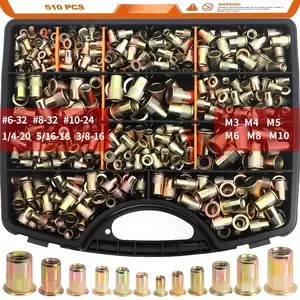 Rivet Nuts Assortment kit, 510 count SAE & Metric Rivet Nut,Galvanized Carbon Steel Flat  Threaded Rivets,Nutsert Sizes M3,M4,M5,M6,M8,M10,#6-32,#8-32,#10-24,1/4-20,5/16-18,3/8-16