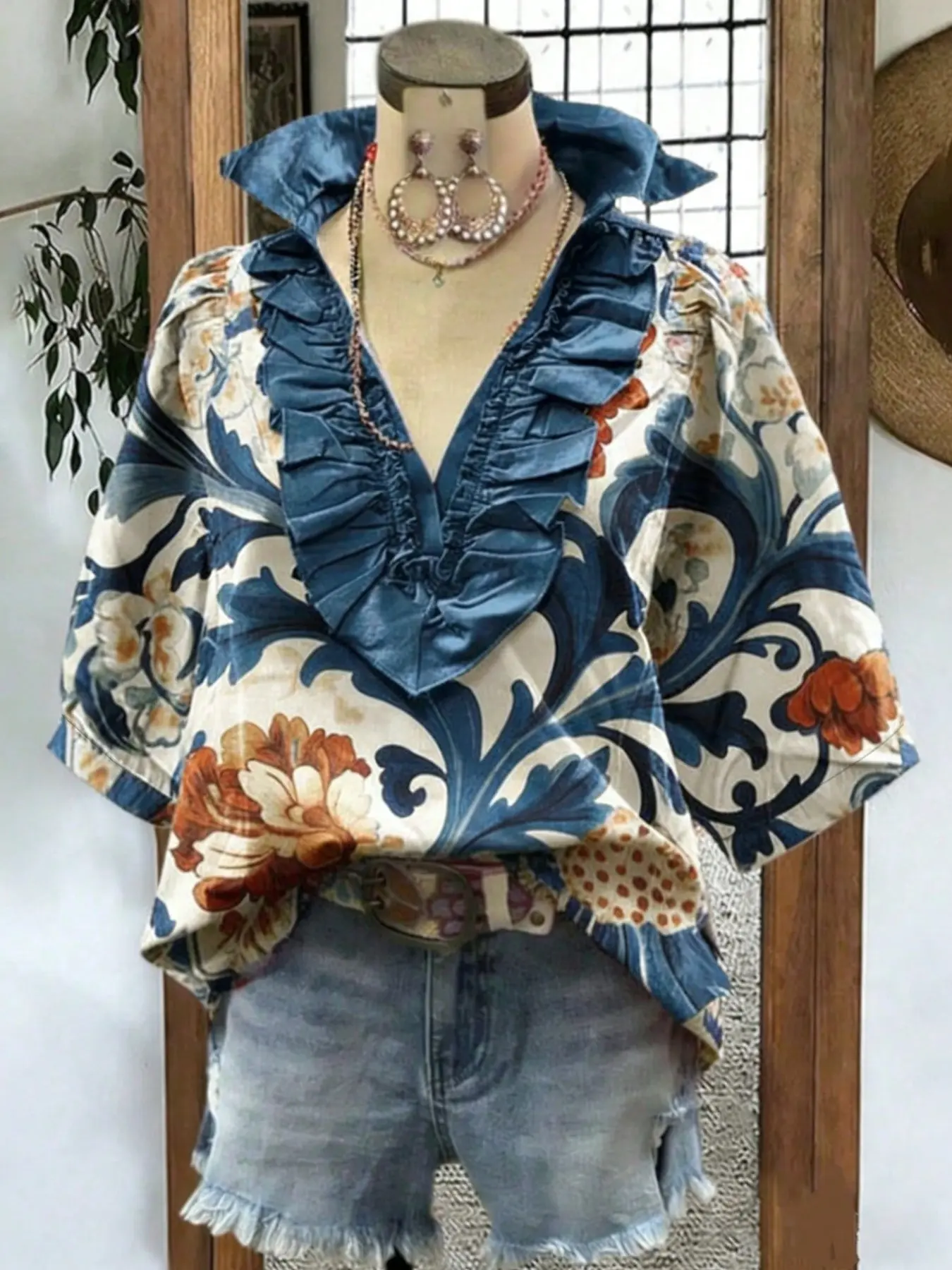 Elegant Women's Summer Shirt Blouse, Blue Floral Print V-Neck Ruffle Half Sleeve, Party or Date Wear, Versatile and Stylish Design