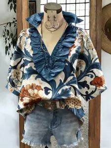 Elegant Women's Summer Shirt, Blue Floral Print V-Neck Ruffle Half Sleeve, Party or Date Wear, Versatile and Stylish Design