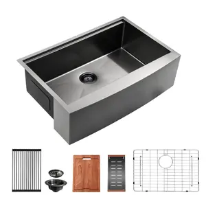 Kichae 30 inch Farmhouse Sink 30'' x 22'' Kitchen Sink Gunmetal Black Apron Front  Ledge Workstation 16 Gauge Stainless Steel Single Bowl Handmade Farm Style Kitchen Sink