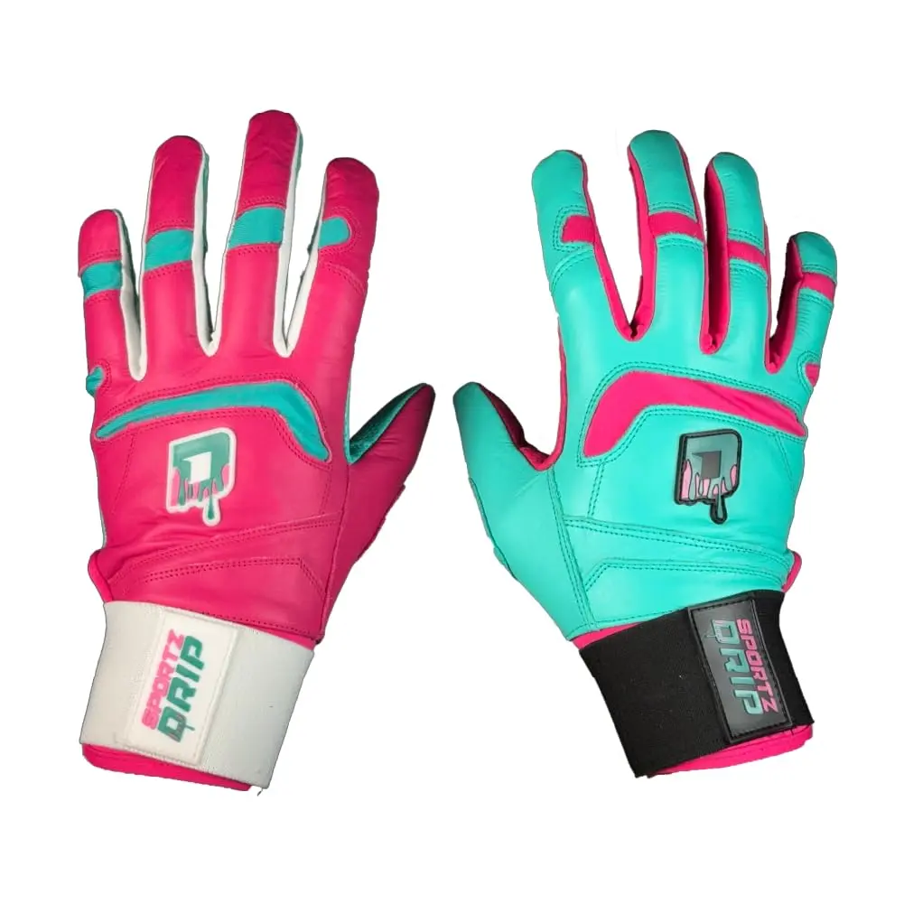 Sportz Drip Clash Genuine Leather Batting Gloves - Pink Teal, Unisex Ambidextrous Secure Fit Modern Design, Durable Long-Lasting Softball Training Aid for Youth-Adult (Large/Extra Large) Baseball Sports Equipment