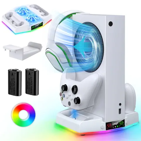 MENEEA Adjustable Low Noise Cooling Fan Stand for Xbox Series S Console - RGB Controller Dock with 15 Modes Mood Setting, 15 Game Ambient Lights, 2 USB Ports, 2*1400mAh Rechargeable Batteries, Headphone Hook, Anti-Slip Base, White