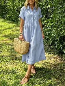 Loose Fit Striped Short Sleeve Dress, Women's Summer New Casual Cotton Linen Midi Skirt, Blue Striped Shirt Dress, Lapel Pocket Design