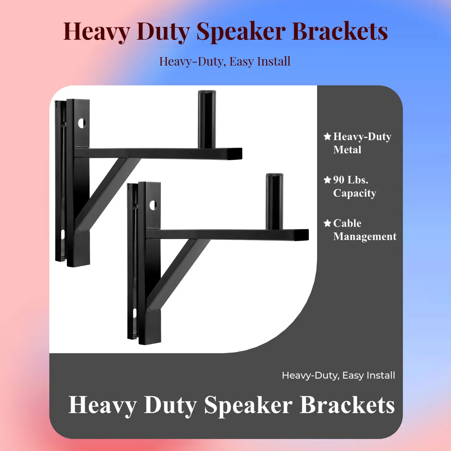 LyxPro Wall Mount Speaker Bracket (Set of 2 Pairs) - Heavy-Duty Metal PA Speaker Accessories, 90 Lbs. Weight Capacity, Interchangeable Posts, Compact Design, Cable Management, Black - LYXWSB15B Audio Equipment