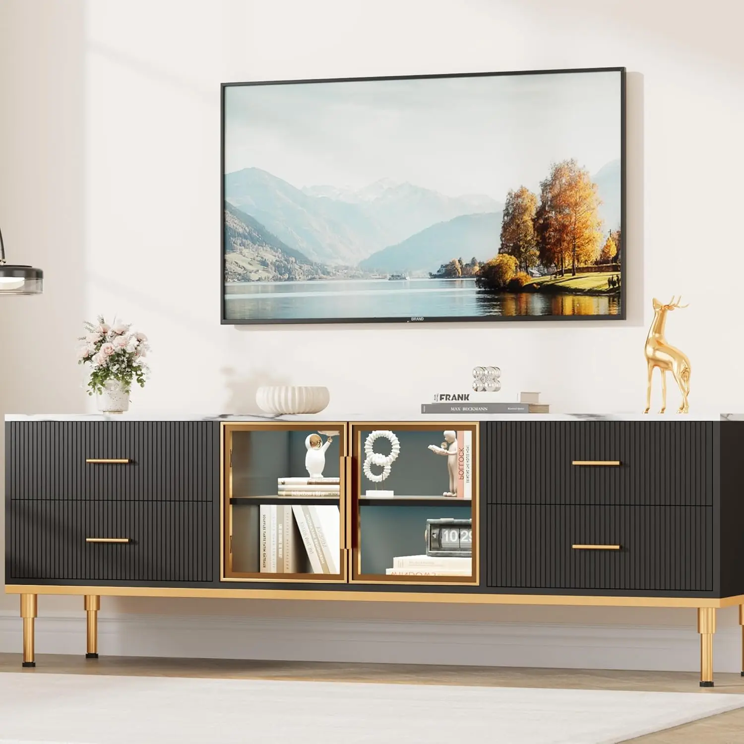 Garvee TV Stand with 4 Drawers Modern Media Console for TVs Up to 75 Inch Glass Door for Living Room Black Wood TV Modern Entertainment with LED Ligh