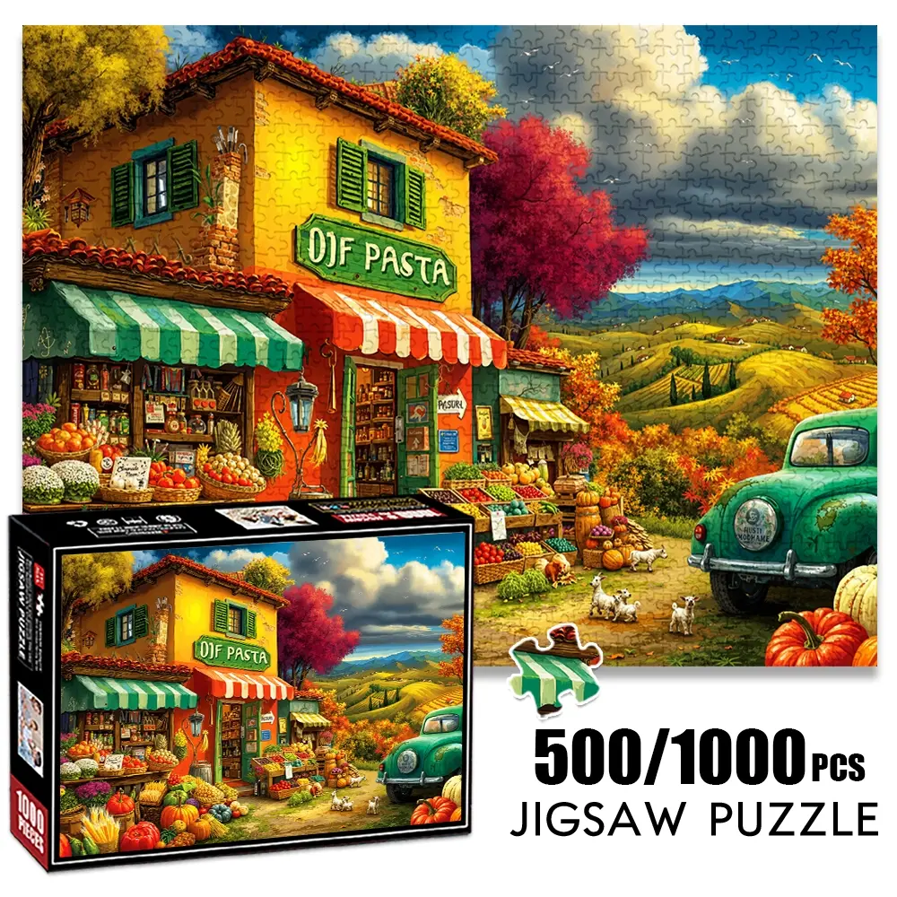 1pc 1000 piece adult puzzle 70x50cm Pasta Store with Autumn Landscape and Vintage Car 500 pieces paper jigsaw puzzle suitable for DIY creative games for adults and families, birthday and holiday str
