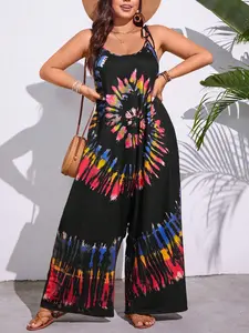 【Plus Size】 Tie Dye Print Cami Jumpsuit, Casual Bohemian Sleeveless Lightweight Loose Fit Wide Leg Jumpsuit for Summer, Women's Clothing for Daily Wear