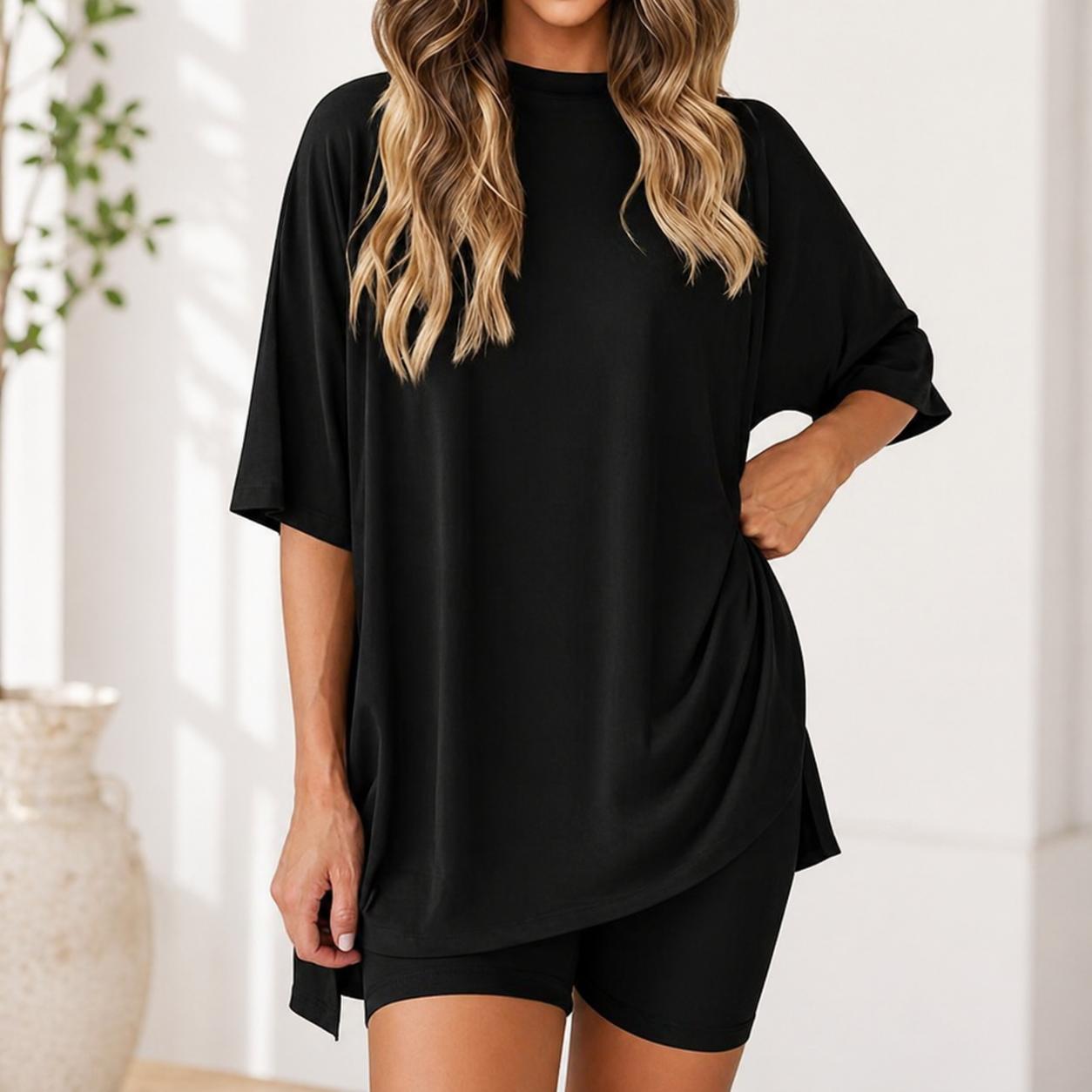 Women's Summer Casual Solid Color Crew Neck Slit Loose Short Sleeve Top with Pocket, Shorts Set Comfy Loungewear for Home