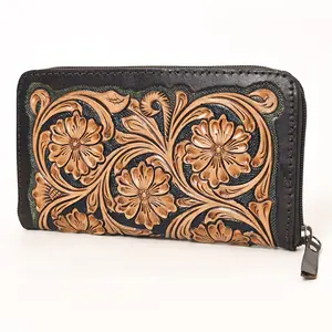 American Darling Genuine Leather Organiser Bag Women Floral Hand Tooled Purse YKK Zipper Full Grain Vegetable-Tanned