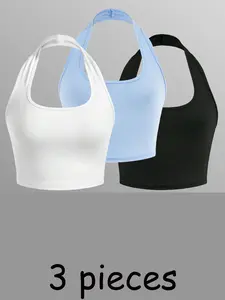Girls' solid color simple sleeveless hanging neck top 3-piece set, Fitted, casual and comfortable, essential for daily wear in spring, summer, autumn and winter, can be worn inside or outside, machine washed or dry cleaned