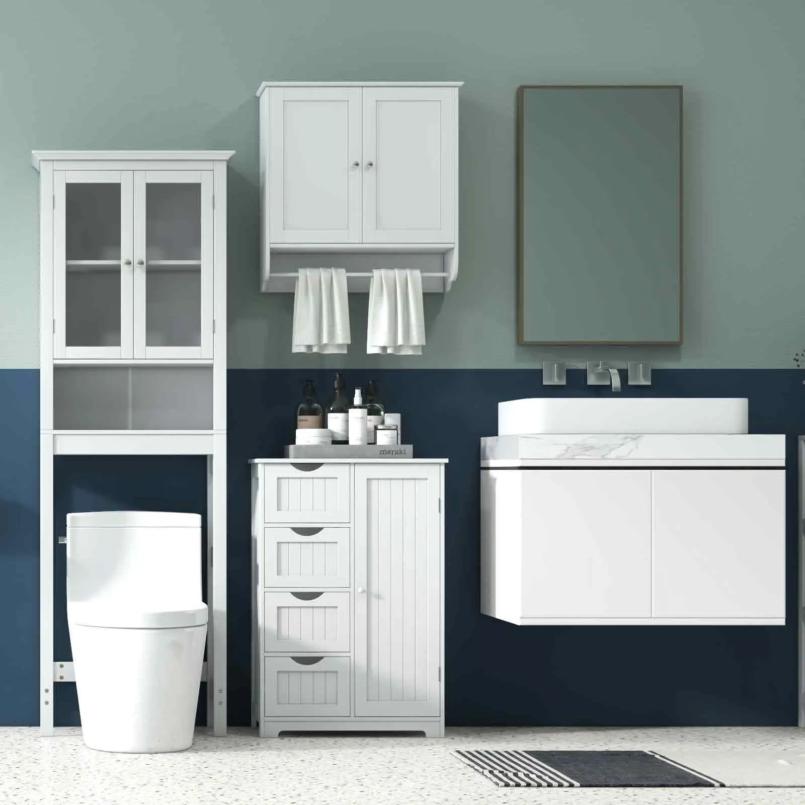 COSTWAY - Laundry Room Bundle: Wooden Cabinet,Wall-Mounted Bathroom Storage, Clothe Dryer, Laundry Basket