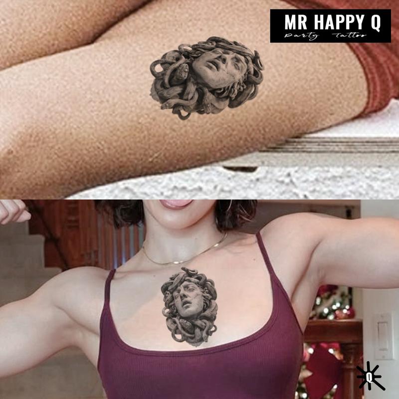 Temporary Tattoo Sticker Greek Mythology Theme Medusa Snake Hair Design Gothic Art Magic Tattoo Realistic Skin Waterproof Neck Arm Unisex Party Decoration