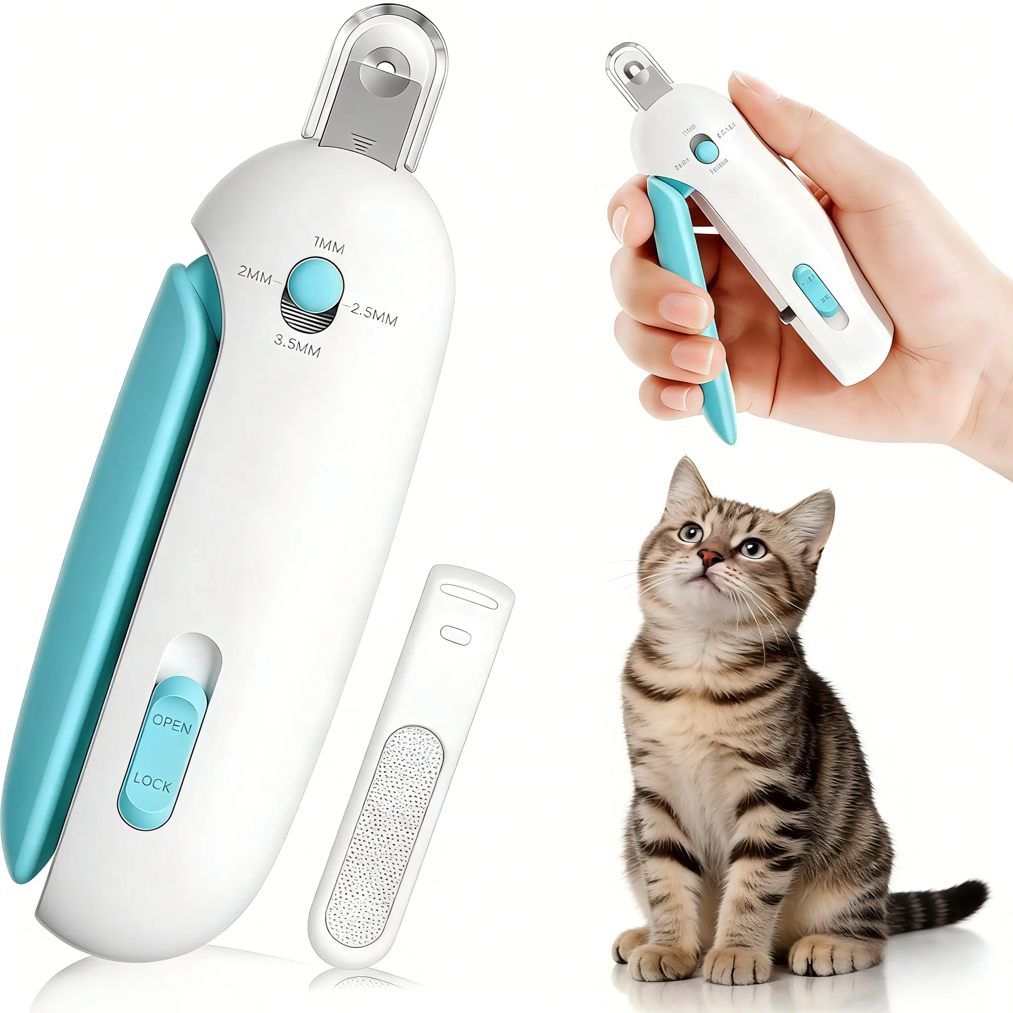 Cat Nail Clipper with Clippings Collector & Hidden Nail File Adjustable safety guard trimmer for indoor cats and kittens — a pet grooming tool designed for injury-free care. Available in two colors.