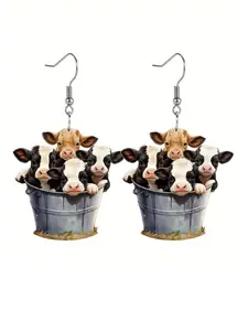 Cute Cow Design Dangle Earrings, Creative Bucket Cow Design Dangle Earrings, Acrylic Jewelry for Women, Adorable Female Gift